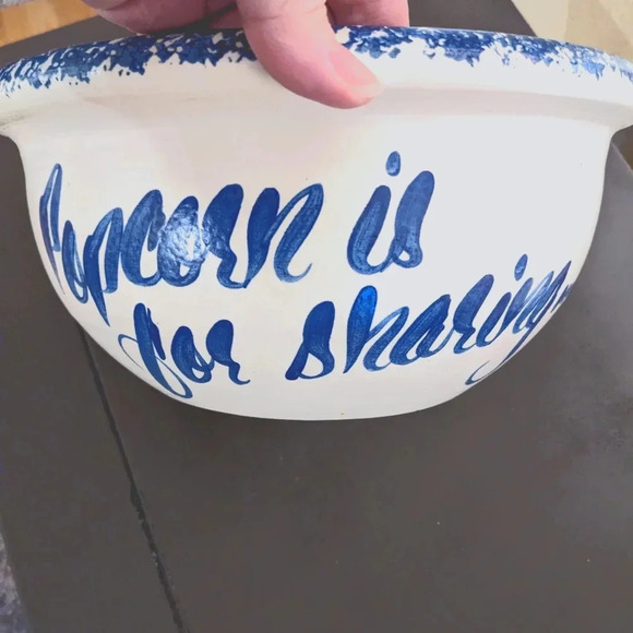 VTG Pottery Popcorn Bowl Blue Spongeware That's All Folks stoneware bowl - Picture 3 of 5